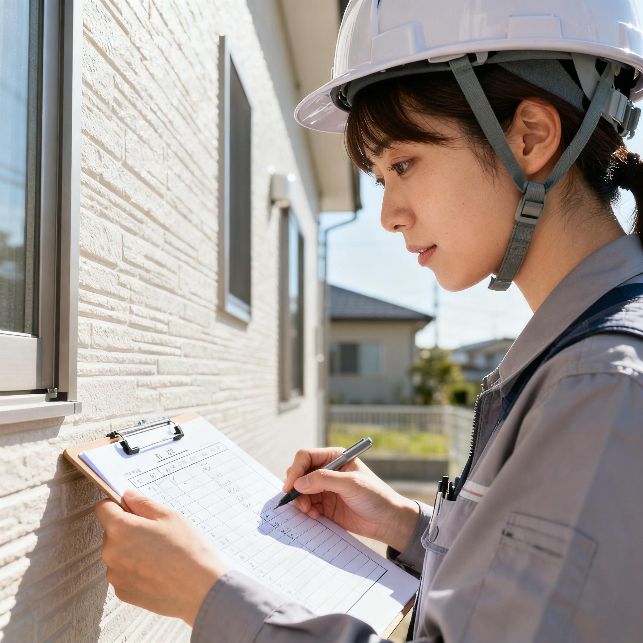 施工完了後の現場で書類を確認しながら外壁を点検している様子(ヘルメット着用・信頼感ある雰囲気)